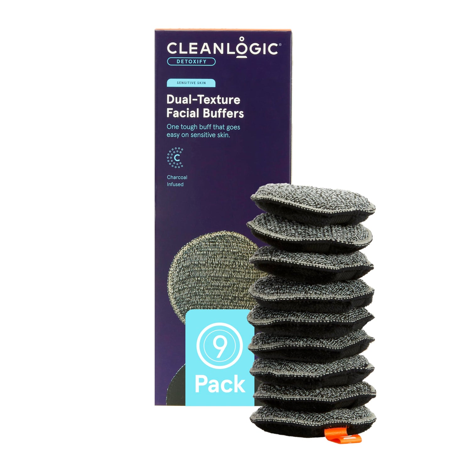 CleanLogic Bath & Body Charcoal Infused Exfoliating Dual-Texture Facial Pads, Face Sponges for Cleansing & Softening Sensitive Skin, MakeUp Remover Pads, 9 Count Value Pack