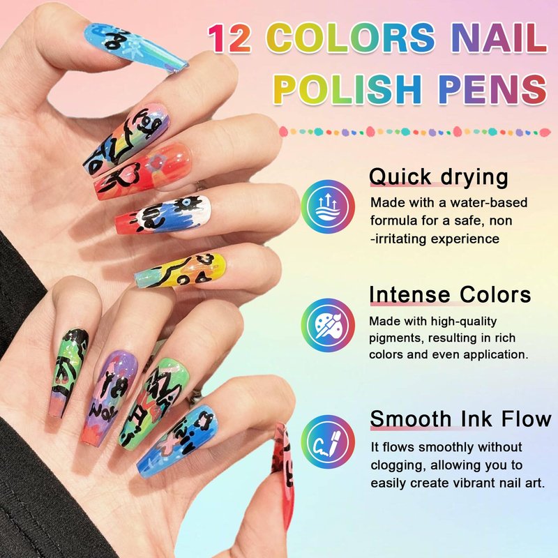 AOAZXBB 12 Colors Nail Art Pens Set Nail Polish Pens, Waterproof Quick-Drying Acrylic Paint Nail Art Markers for Home & Salon DIY
