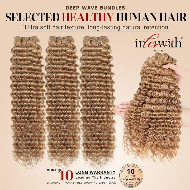Honey Blonde Deep Wave Human Hair Bundles - 100% Brazilian Virgin Hair | 3 Bundles (16, 18, 20 Inches)