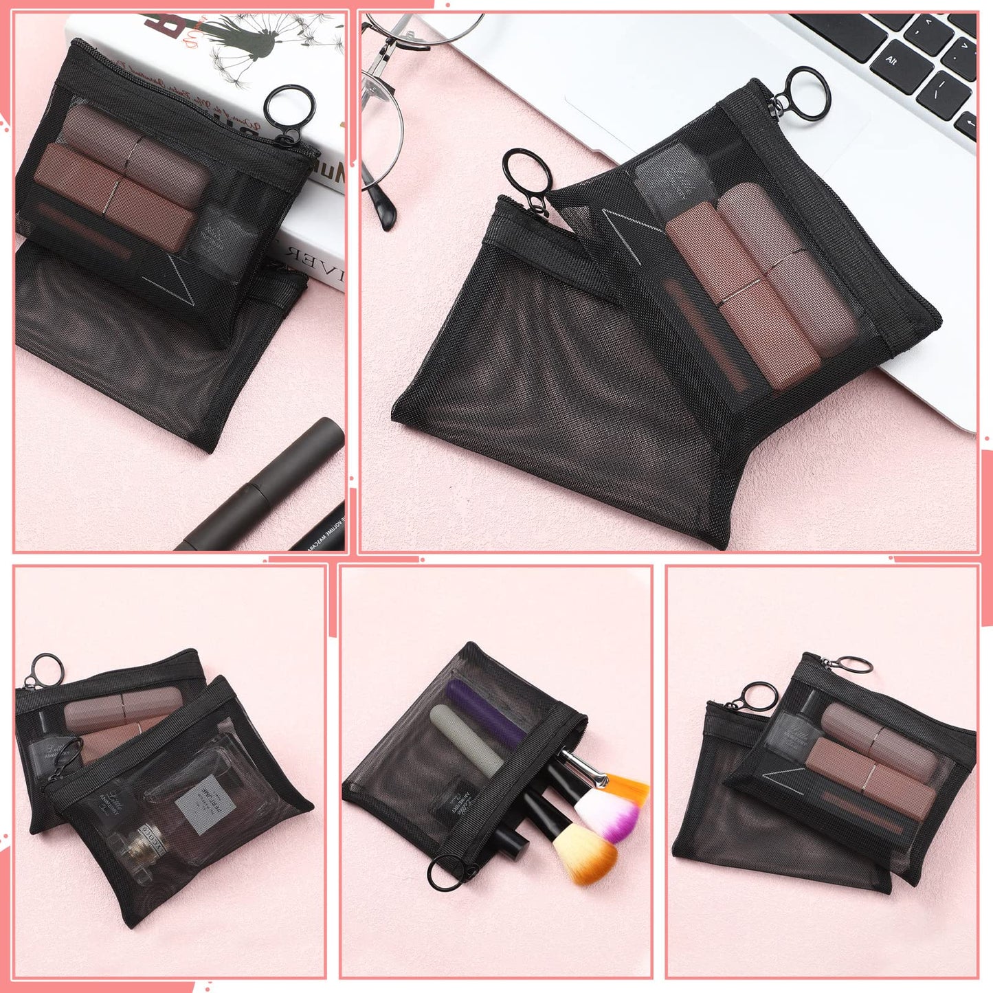 Saintrygo 40 Pcs Small Mesh Zipper Pouch Bags Mini Cosmetic Coin Purse Pouches Portable Black Nylon Storage Pouch with Keychain for Women Travel Makeup Cosmetic Storage
