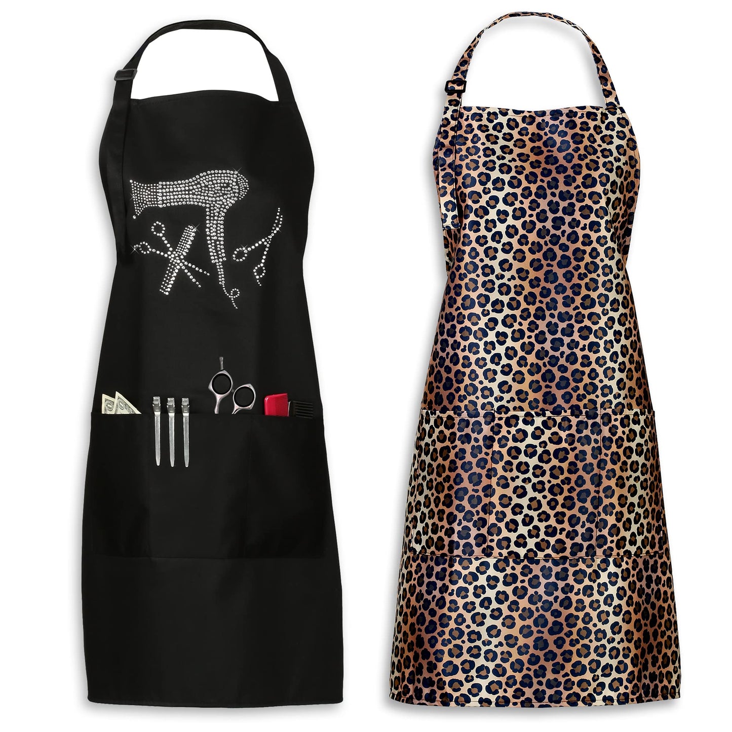 Plum Hill Hair Stylist Apron Set - Black Hairdresser Apron with Rhinestones and Cheetah Leopard Cosmetology Smock