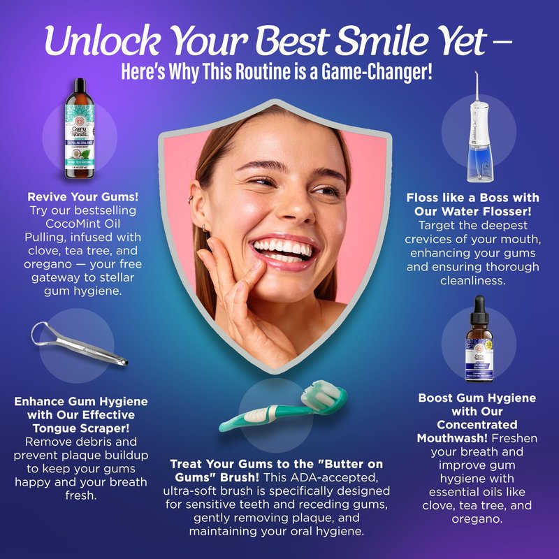 GuruNanda Gums of Steel Kit – Advanced Dental Water Flosser (UV Mode), Concentrated Mouthwash, Cocomint Pulling Oil, Butter on Gums Toothbrush & Tongue Scraper for Overall Oral Hygiene
