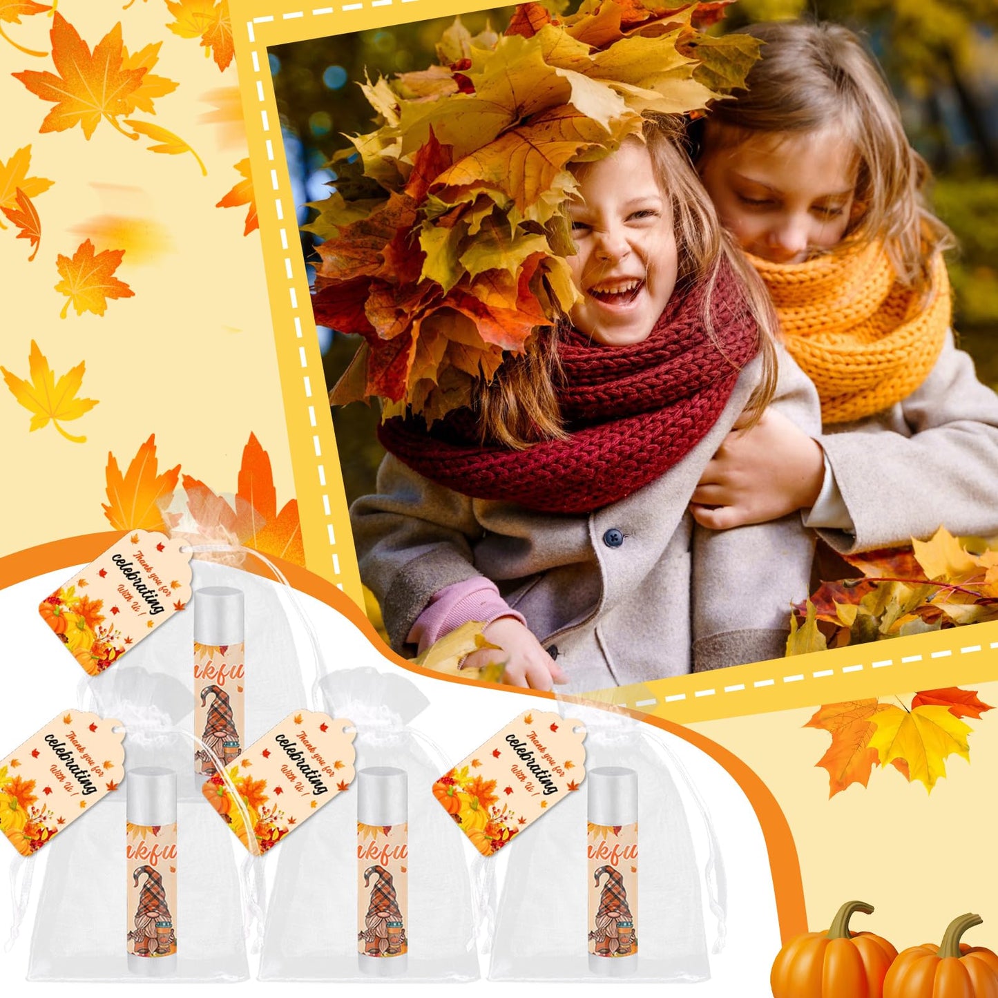 QAUYETM 50 Set Fall Gifts Lip Balms Bulk Fall Party Favors 6 Assorted Flavors with 50 Organza Bags and Cards Autumn Pumpkin Maple Leaf Chapstick Thanksgiving Gifts for Women Men Coworkers Guest