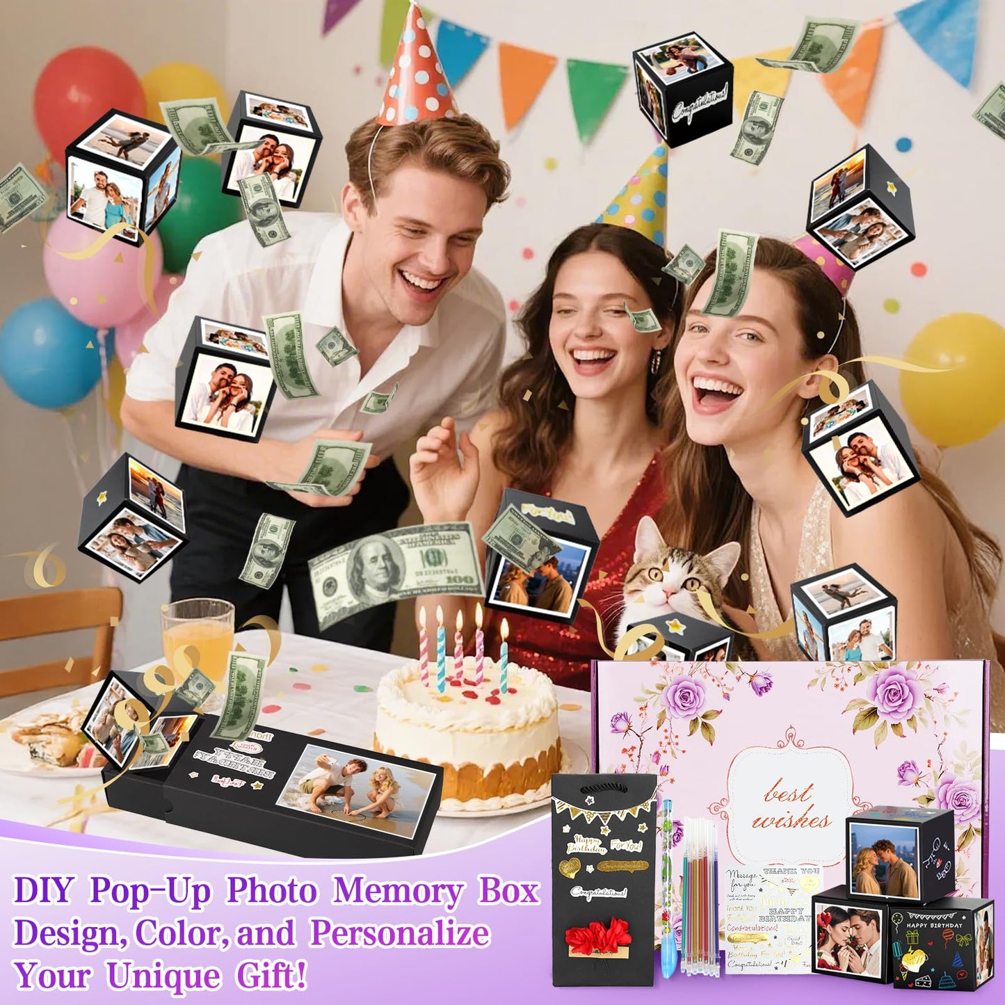 Birthday Mothers Day Gifts for Mom, 21PCS DIY Photo Pop Up Box Get Well Soon Gifts Baskets for Women, Spa Care Package After Surgery Feel Better Inspirational Birthday Gift for Women Wife Grandma