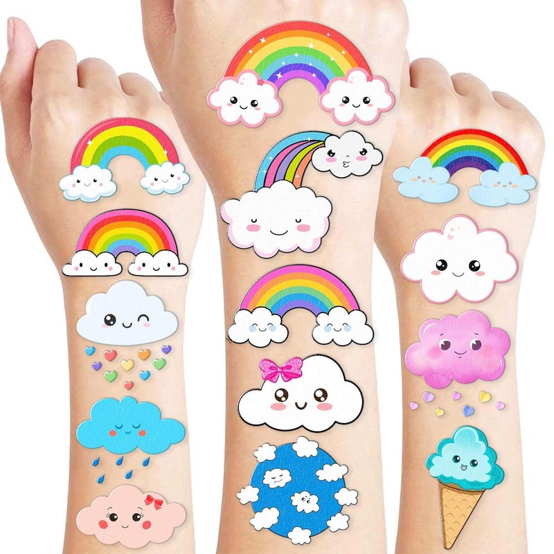 Cute Cloud Temporary Tattoo Stickers - 96 PCS Pastel Rainbow Party Decor | Kids Birthday Favors & Classroom Rewards