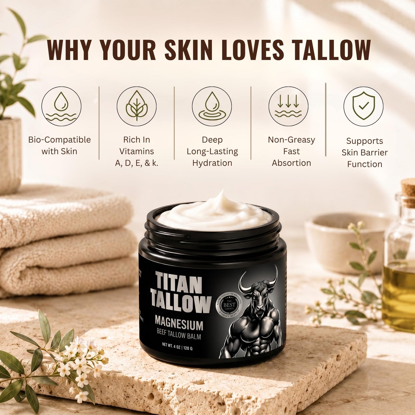 Titan Tallow Balm for Face and Body with Magnesium - Grass-Fed, Grass-Finished Beef Tallow Moisturizer with Manuka Honey, Jojoba Oil, Rosehip Oil, Calendula Extract, and Vitamin E