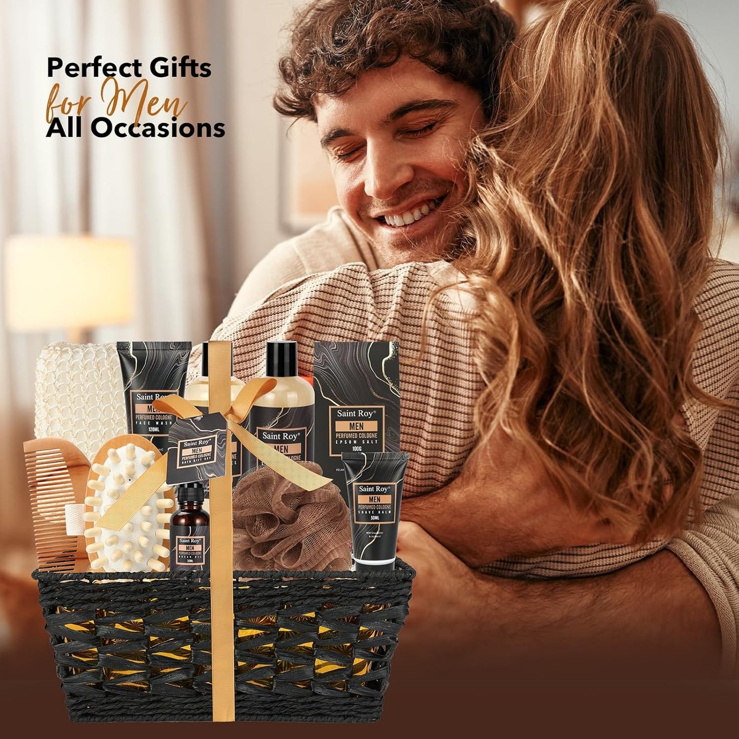 Men's Bath Perfume Gift Set - 14 Pcs Spa Basket with Classic Perfume, Shaving Kit, Beard Oil & Face Care Essentials