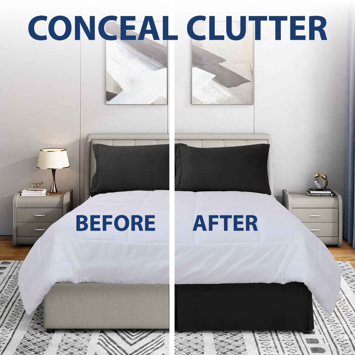 Cathay Home Double Brushed Microfiber Pleated Easy Fit Bed Skirt, Ultra Soft, Fade and Wrinkle Resistant - Black, Queen