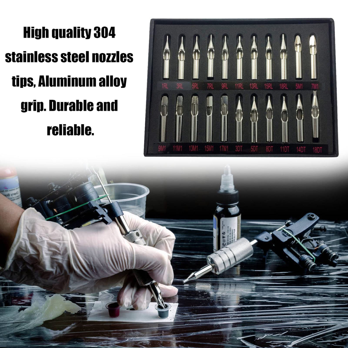 SOTICA Traditional Tattoo Tips and Grips - 3 Pcs Aluminum Grips & 22 Pcs Stainless Steel Tips (Round, Diamond, Magnum, RT, DT, FT Nozzle)