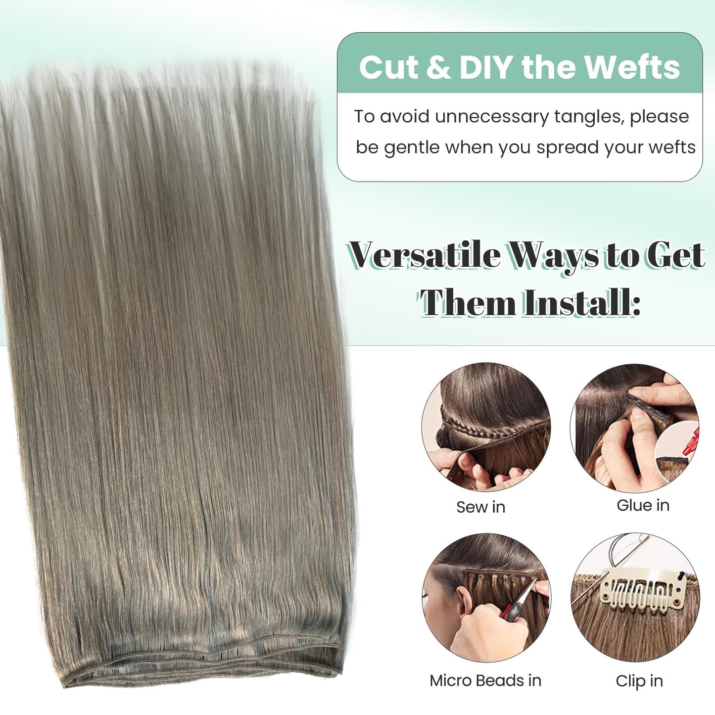 12 Inch Silver Grey Weft Sew in Hair Extensions Real Human Hair Weft Bundles, Hand Tied Silver Gray Sew in Weft Human Hair Extensions, 80G Per Bundle with Thick Full Ends