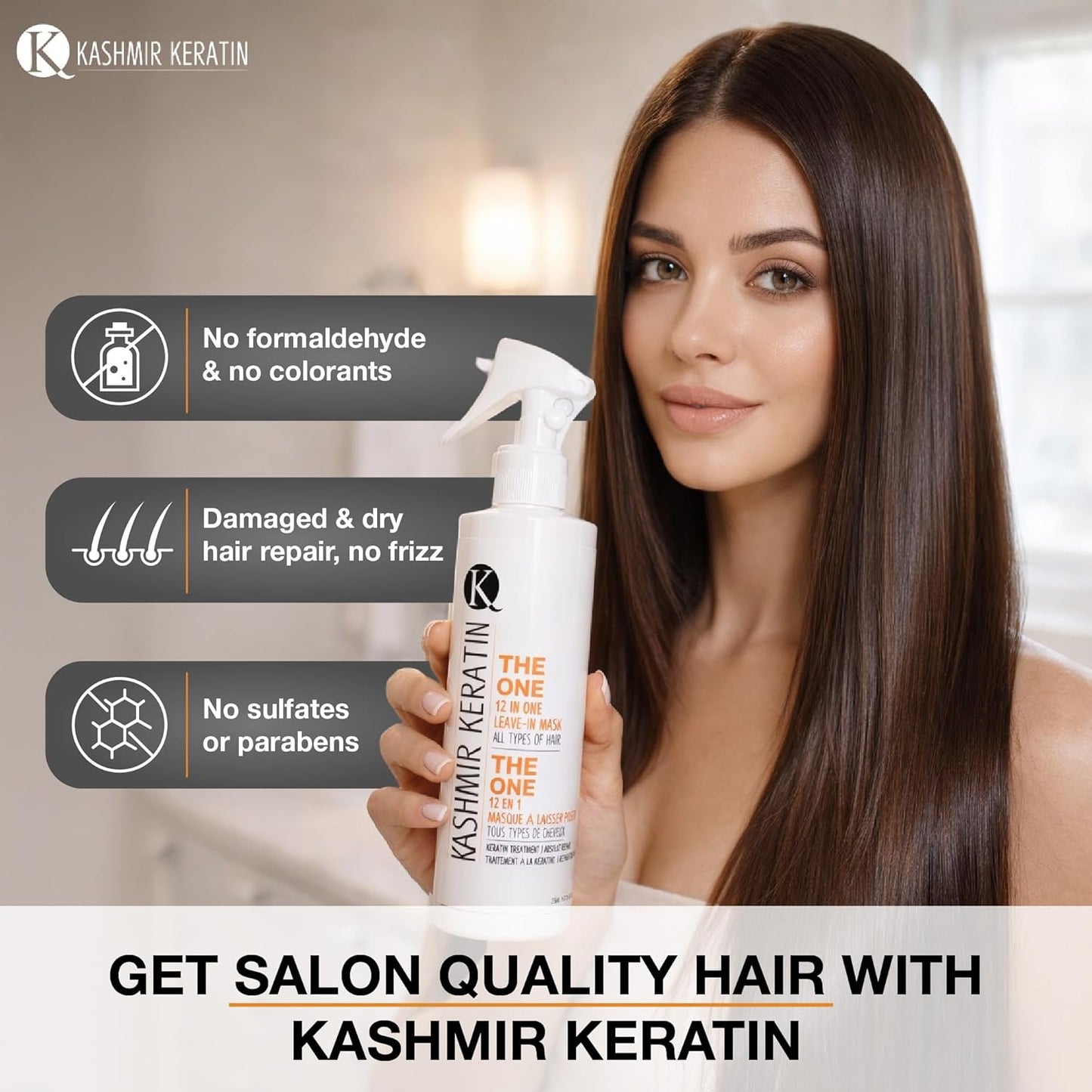 Kashmir Keratin Leave-In Conditioner Spray - 12-in-1 Hair Treatment for Frizz Control & Hydration | 8 Fl Oz