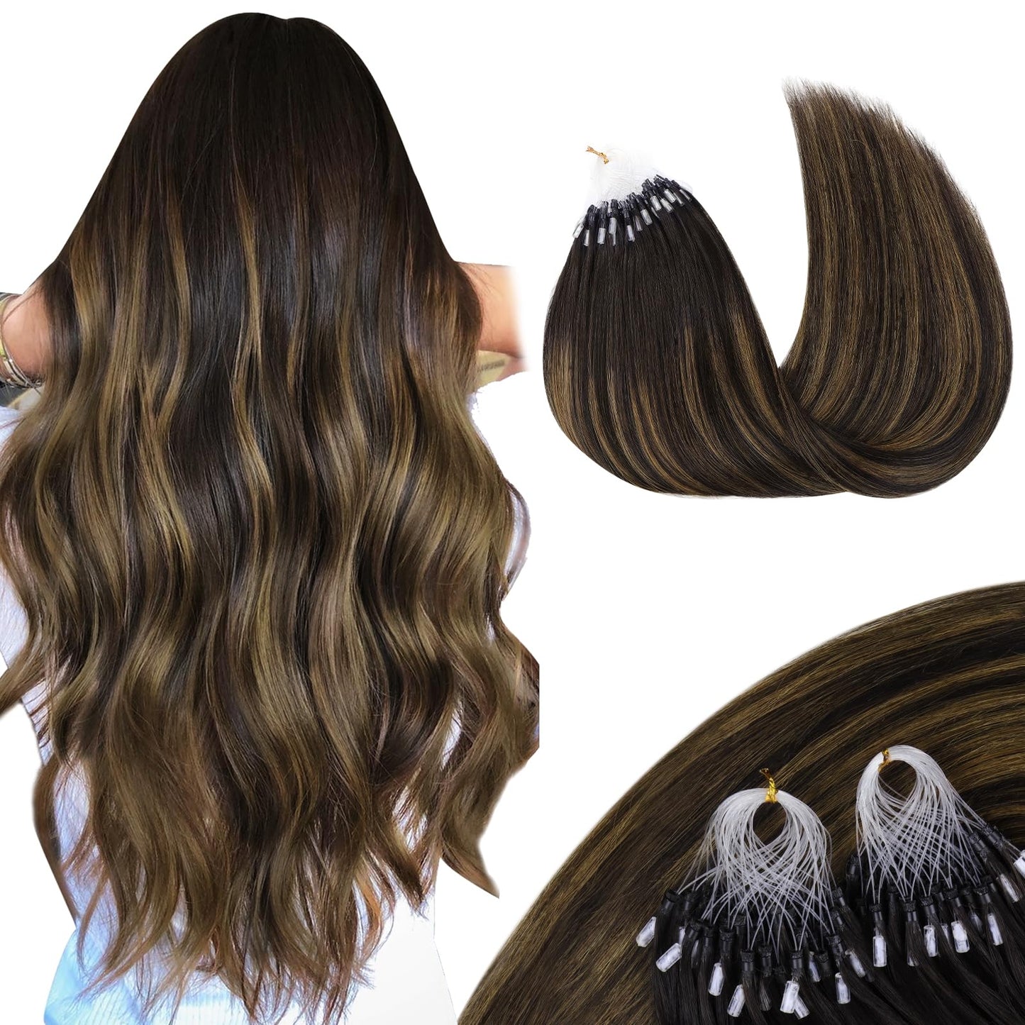 MAXITA Microlink Hair Extensions Human Hair Balayage Dark Brown Mixed Chestnut Brown Micro Bead Hair Extensions Real Human Hair, 50g/50 Strands/Pack, 16 In