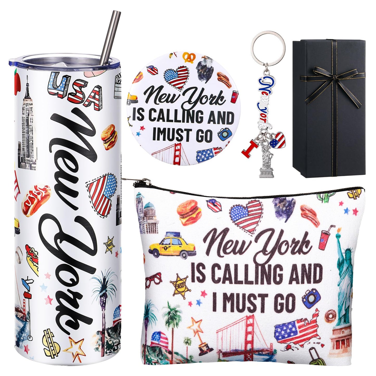 Sieral 5 Pcs New York Travel Gift New York Lover USA Themed Gifts Includes Makeup Bag Thermal Cup Keychain Mirror for Traveler Women Friend Sister Birthday Party