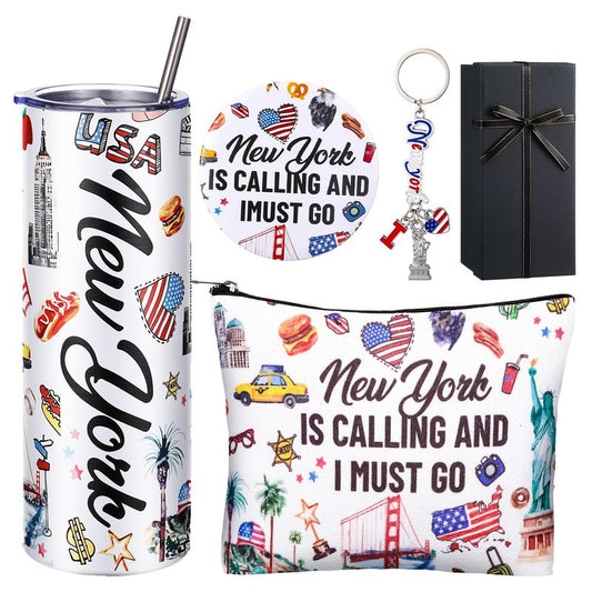 Sieral 5 Pcs New York Travel Gift New York Lover USA Themed Gifts Includes Makeup Bag Thermal Cup Keychain Mirror for Traveler Women Friend Sister Birthday Party
