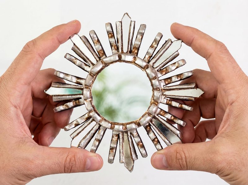 Sunburst Wall Mirror - Hand-Carved Peruvian Wood Round Decorative Accent | 6" Silver