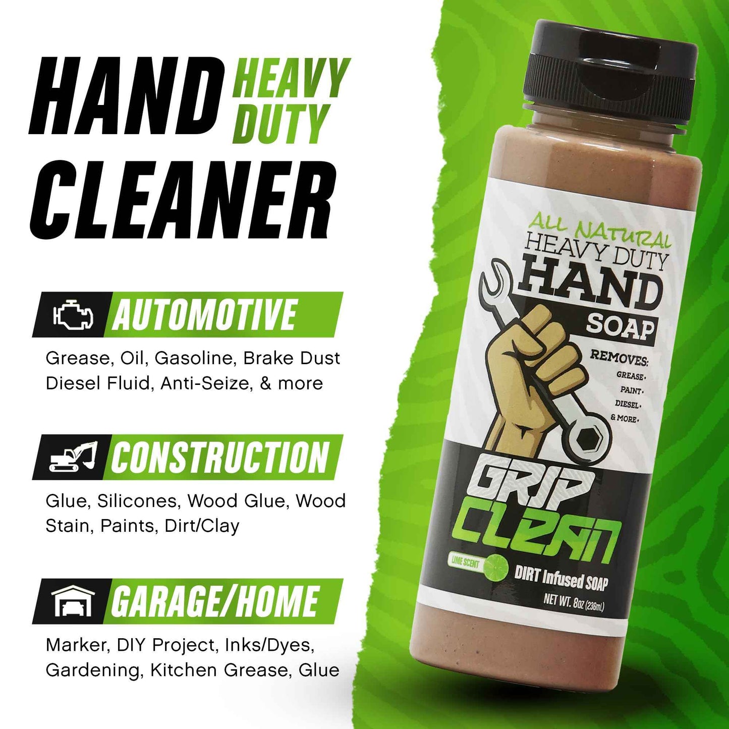 Grip Clean Heavy-Duty Hand Cleaner for Mechanics with Nail Brush - Moisturizing Coconut Oil Hand Cleaner Liquid Hand Soap with Stiff Bristle Nail Brush, Lime Scent – 8 Fl Oz Squeeze Bottle + Brush