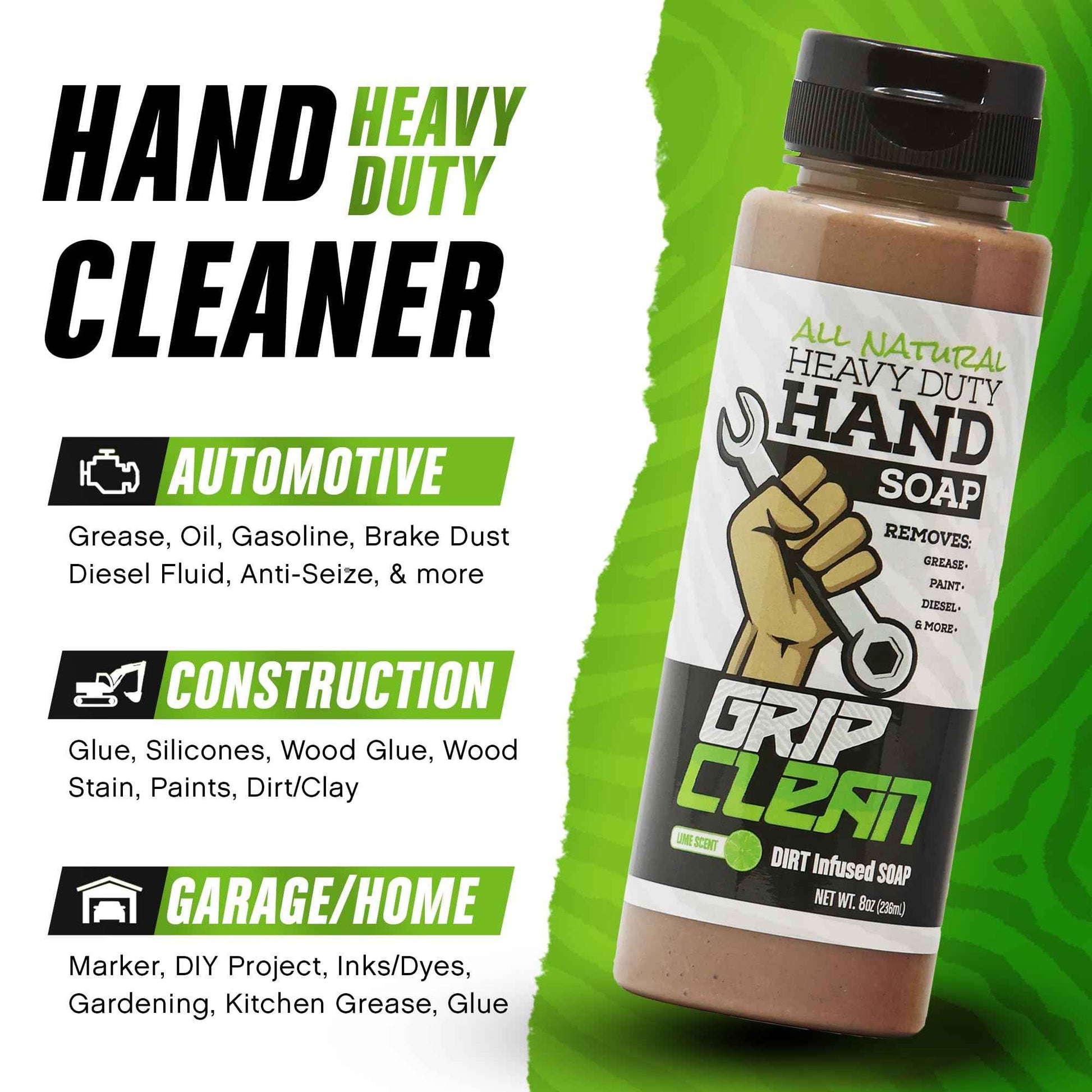 Grip Clean Heavy-Duty Hand Cleaner for Mechanics with Nail Brush - Moisturizing Coconut Oil Hand Cleaner Liquid Hand Soap with Stiff Bristle Nail Brush, Lime Scent – 8 Fl Oz Squeeze Bottle + Brush