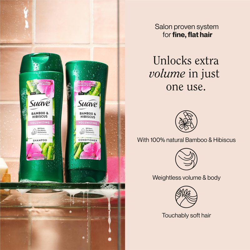 Suave Bamboo & Hibiscus Volumizing Shampoo, for Fine and Flat Hair, Salon Proven System for Boosting Hair Volume and Body, 12.6 oz
