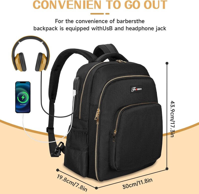 Barber Supplies Bag - Portable Clipper Backpack with USB Port | Black & Gold