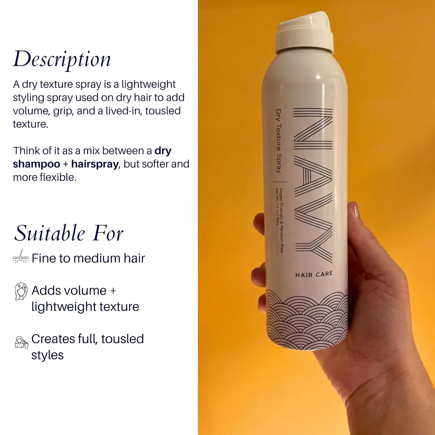 NAVY HAIR CARE Dry Texture Spray | Volumizing Hair Spray for Thin, Flat & Fine Hair | Flexible Hold for Soft, Touchable Beach Waves | Adds Shine | Cruelty-Free | 7 oz