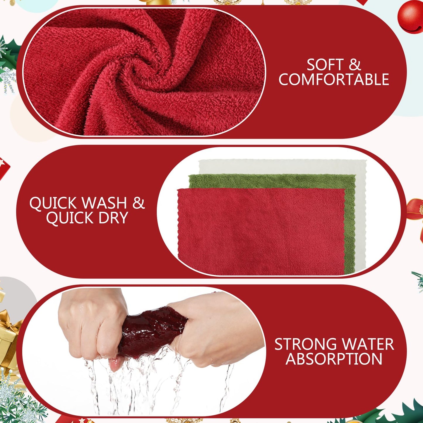 Newwiee 40 Pcs Wash Cloth Bulk Cotton Bath Hand Face Washcloths Soft Quick Drying Towel for Women Bathroom Washing Body Viscose Fiber Multipurpose Fingertip Rags (13 x 13 Inch,Green, Red, White)