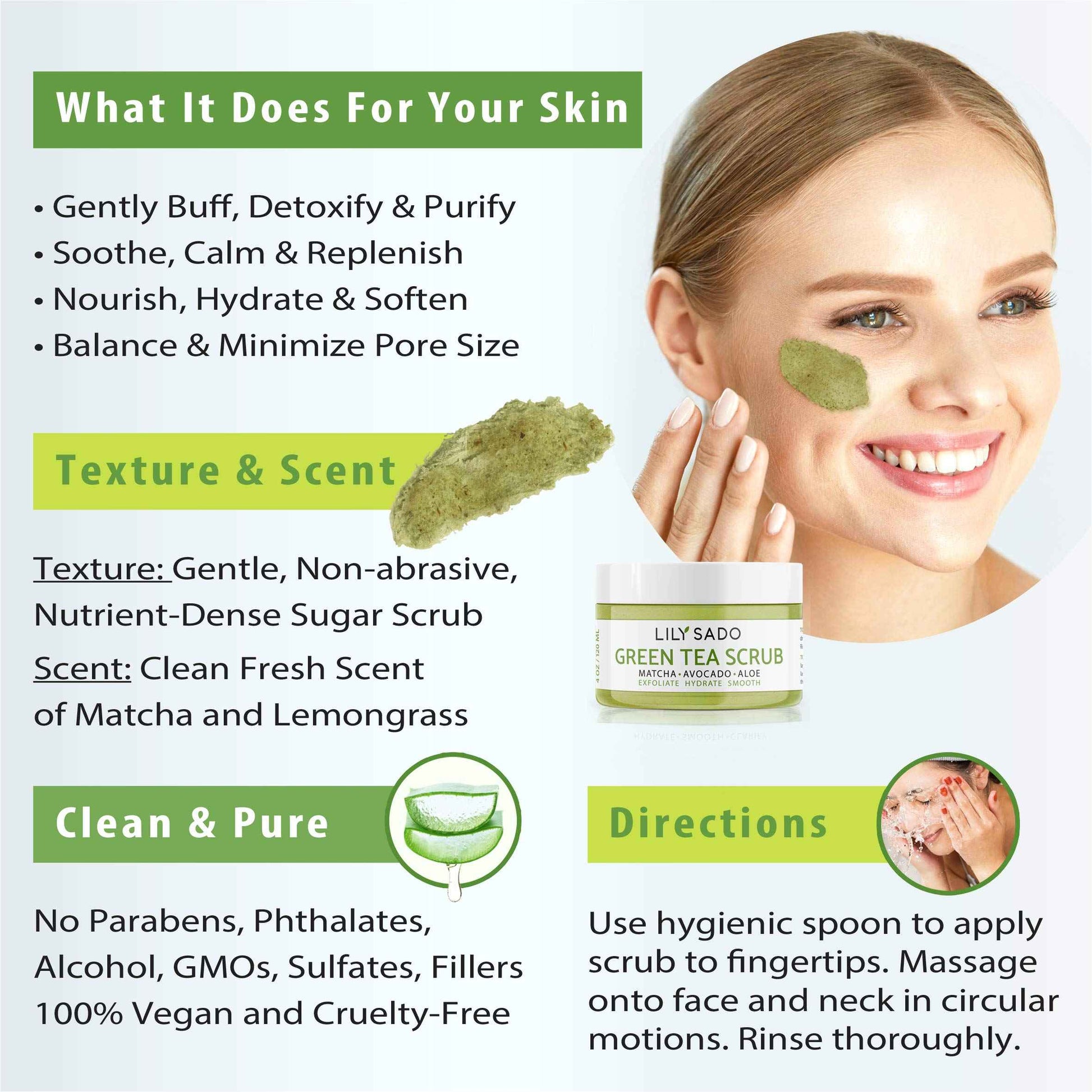 LILY SADO MATCHA MADE IN HEAVEN™ Sugar Facial Scrub - Best Daily Facial Exfoliating Cleanser for Women & Men - Vegan Face Wash Exfoliates Skin, Treats Acne, Reduces Pore Size - 4 oz