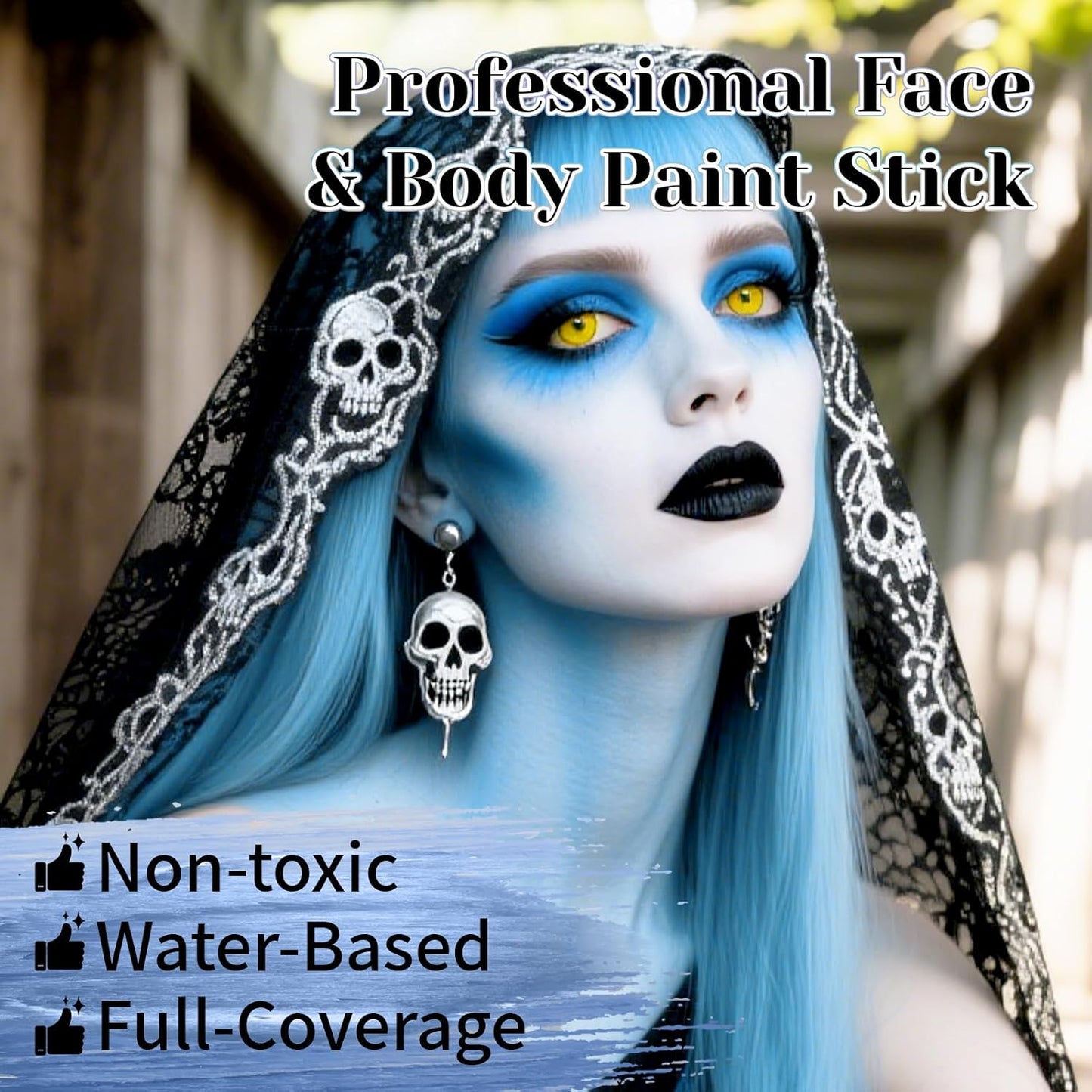 Face Body Paint Stick Set - Black, White & Light Blue | Full Coverage Halloween Makeup with Translucent Powder & Sponges