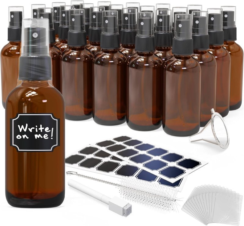 Amber Glass Spray Bottles - 4 Oz Set with Funnel, Labels & Brush | 24 Pack for Hair, Face & Travel
