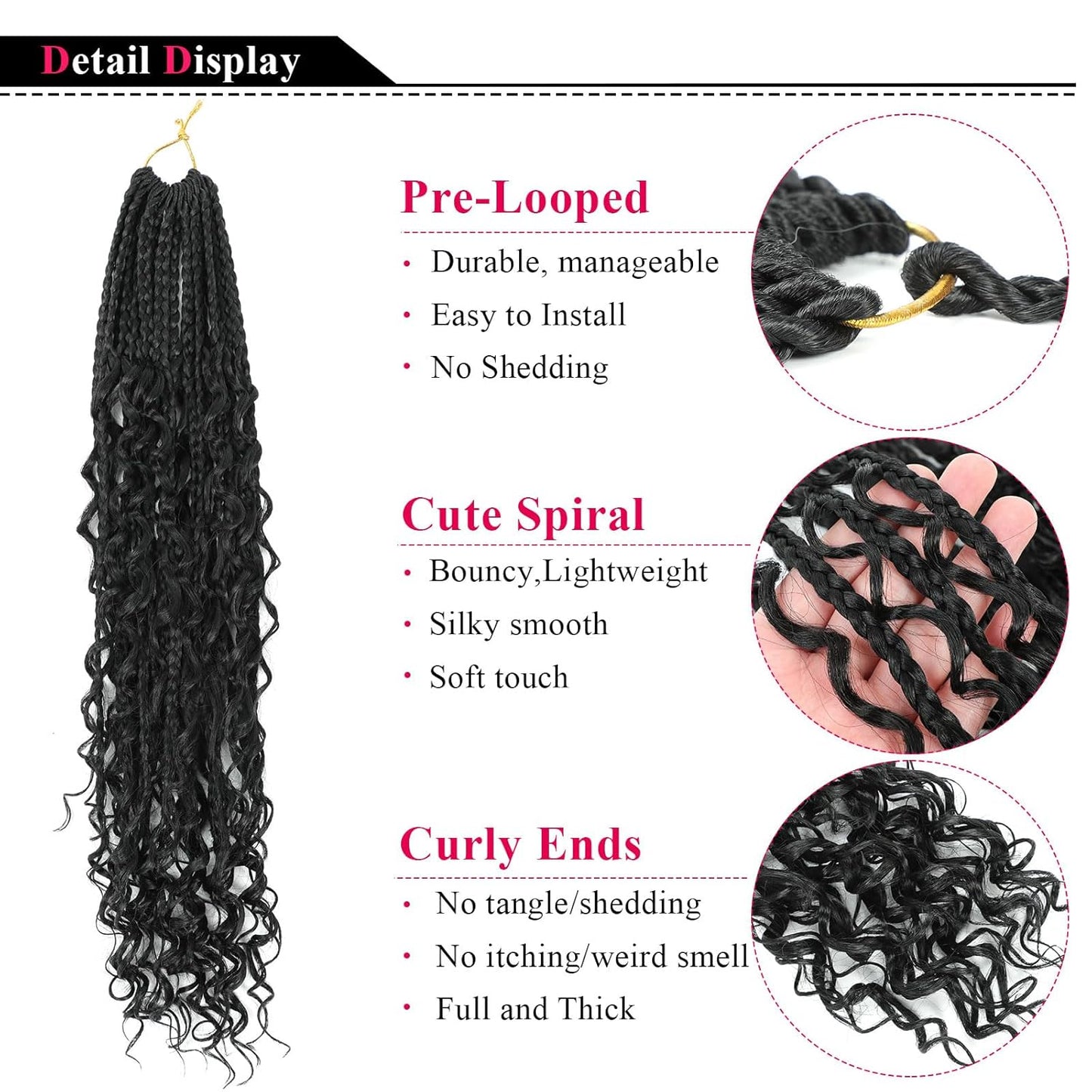 Goddess Box Braids Crochet Hair - 24 Inch Boho Braids With Curly Ends | 8 Packs Synthetic Extensions (1B)
