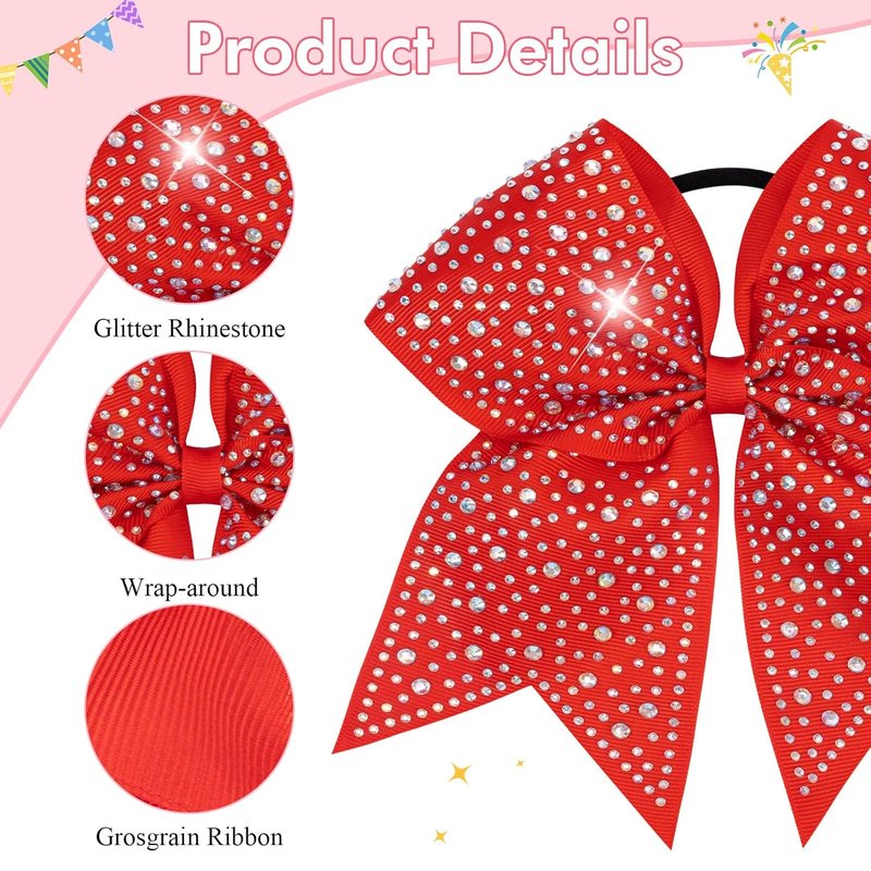 Rhinestone Cheer Bows - 10PCS Red Glitter Hair Bows for Girls | Large Elastic Ponytail Holders for Cheerleading & School Spirit
