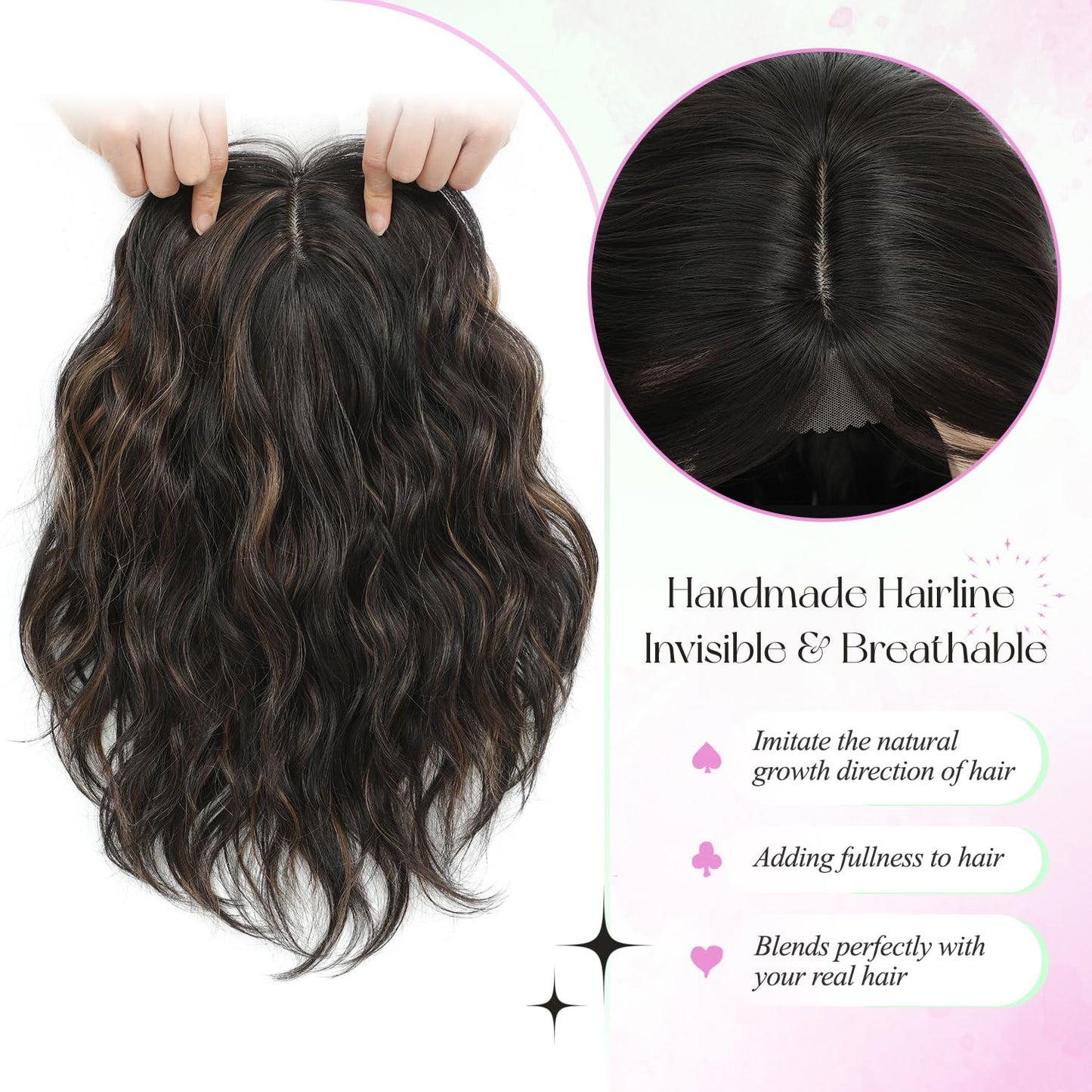 UDU Short Wavy Hair Topper 11 Inch for Women, Wavy Hair Piece with Side Bangs, Lightweight Breathable Hair Topper for Thinning Hair, Natural Looking Volumizing Top Piece