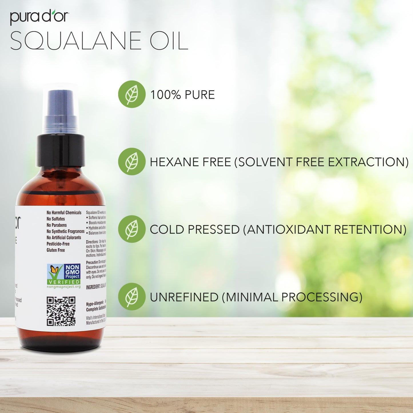 PURA D'OR 3.38 Oz Squalane Oil - Non-GMO 100% Pure & Natural - Moisturizer For Face, Hair And Body - Vegan, Cruelty-Free with Anti-Aging Benefits - Men & Women - Travel Size, Ayurvedic Skin Care