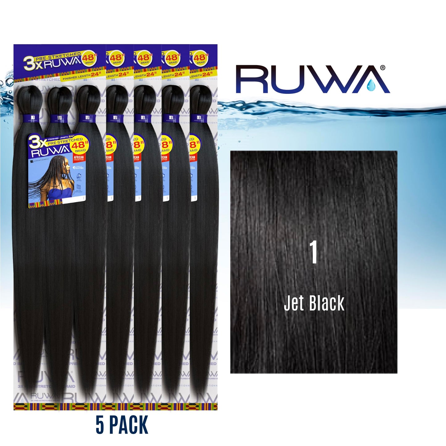 Sensationnel Ruwa prestretched braiding hair - 3x 48 inch water repellent kanekalon fast dry synthetic sports itch free (5 pack, 1 JETBLACK)