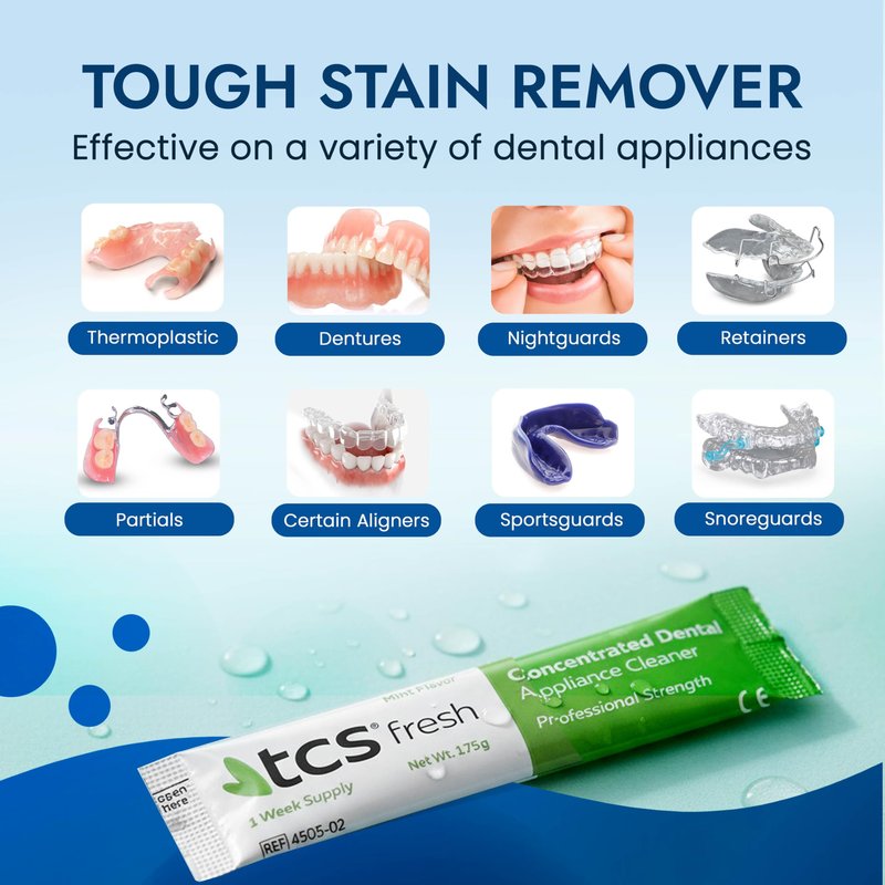 TCS Fresh Concentrated Dental Appliance Cleaner Set, Professional Denture and Retainer Cleaner Powder with Soft Bristle Brush (24 Packets, 6 Month Supply, Mint Flavor)