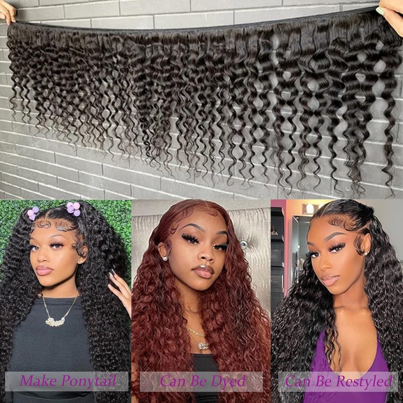 Deep Wave Human Hair Bundles - 100% Unprocessed Brazilian Virgin Hair | 10, 12, 14 Inch Natural Black Extensions