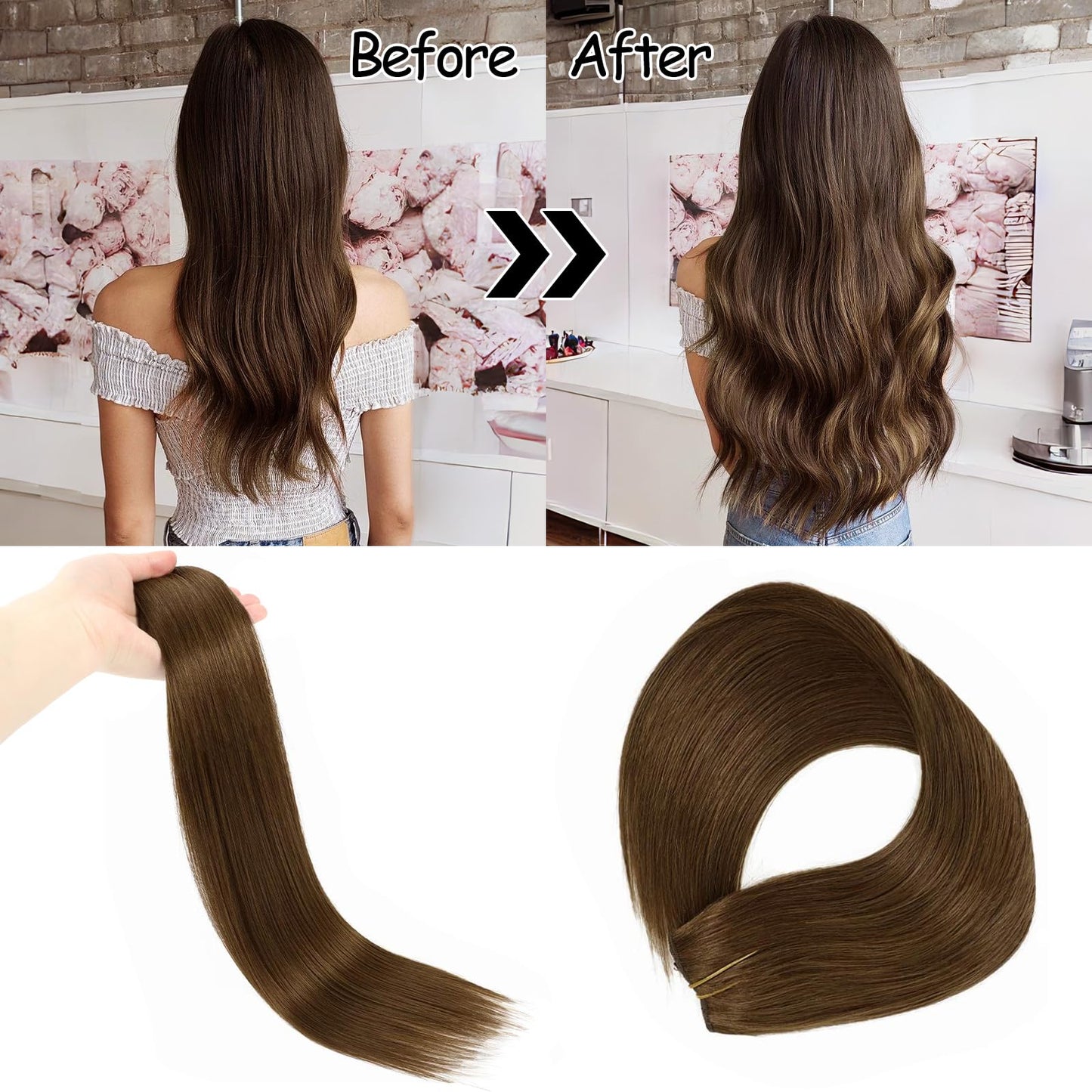 Real Human Hair Extensions - 12 Inch Chocolate Brown Straight Hair with Hidden Wire and Transparent Fish Line