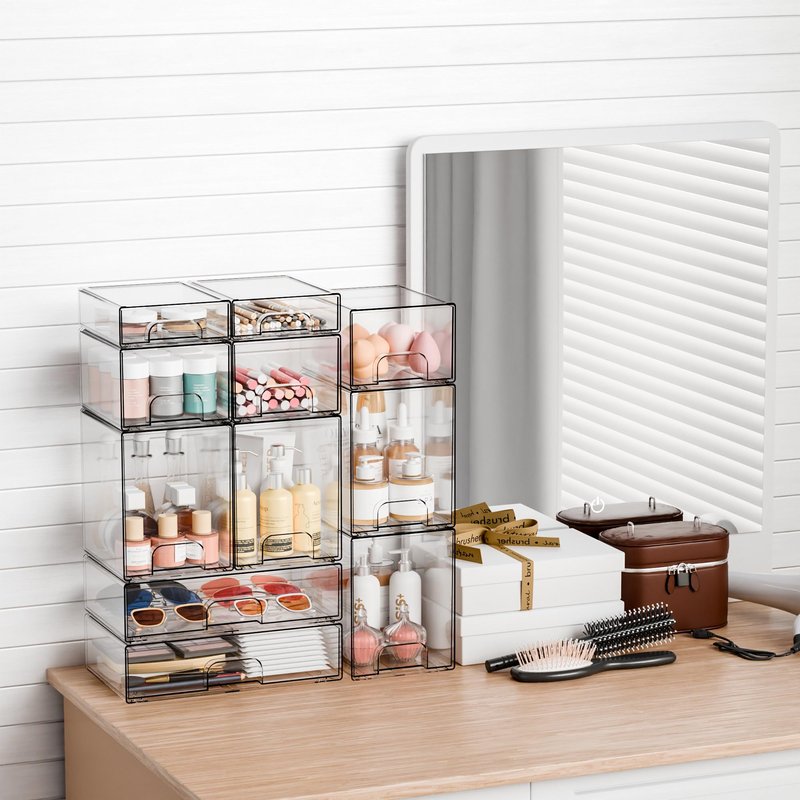 Yieach 6 Pack Small Stackable Storage Drawers,4.4 Inch Tall Stacking Acrylic Clear Storage Bins for Bathroom Vanity,Undersink,Pull Out Drawer Organizers for Beauty,Makeup,Medicine Cabinet Organizers