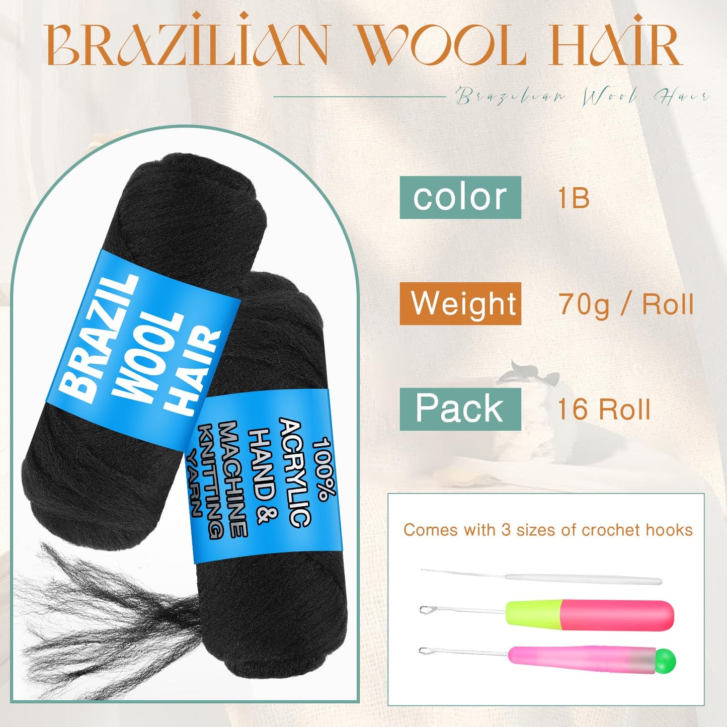 Knitgrip 16 Roll Natural Black Brazilian Wool Hair Acrylic Yarn for African Crochet Braiding Hair Senegalese Twisting Knitting Hair Braids Jumbo Braids Faux Locs Spiral Braids