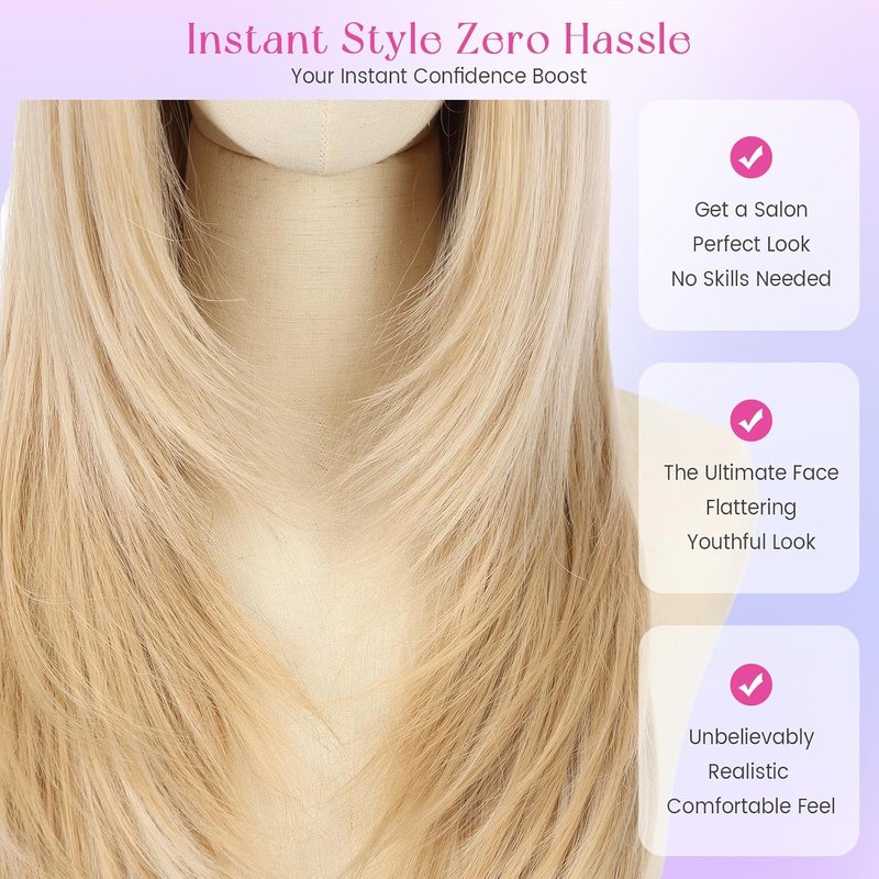 Realistic Scalp 4x4 Ombre Blonde Straight Wig - 26" Synthetic Heat Resistant Fiber with Bangs for Women