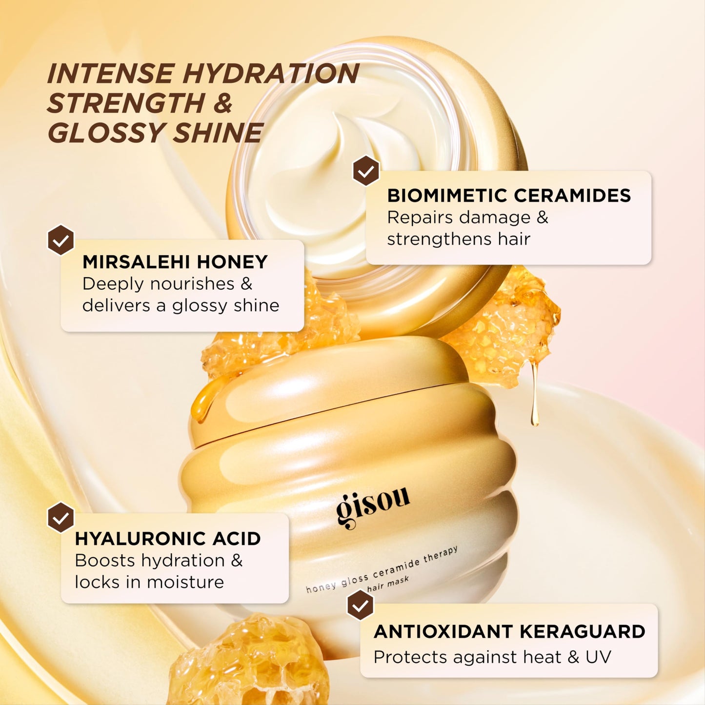 Gisou Honey Gloss Ceramide Therapy Hair Mask – Deep Repair & Hydration with Mirsalehi Honey, Ceramides & Hyaluronic Acid, 7.8 fl oz