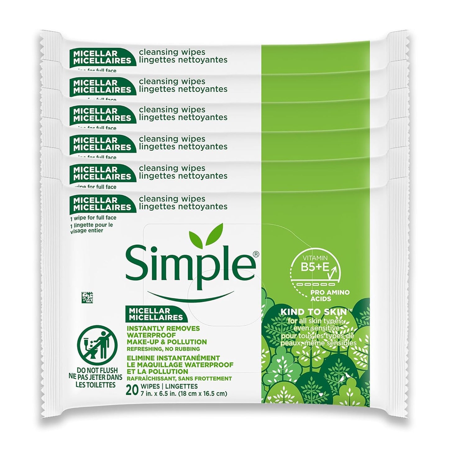 Micellar Makeup Remover Wipes - Gentle Face Wipes for Waterproof Makeup - Enriched with Vitamin B5 & E - 6 Pack