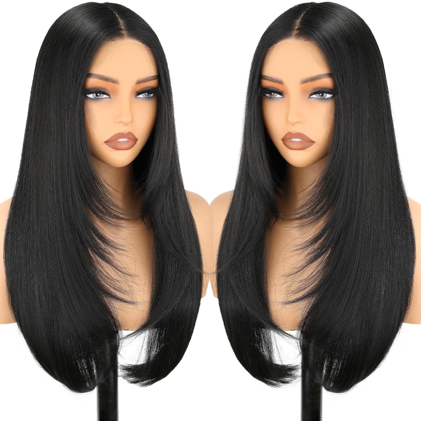 NOSTALGIA Black Glueless Lace Front Wig - 26 Inch Straight Synthetic Layered Style for Women