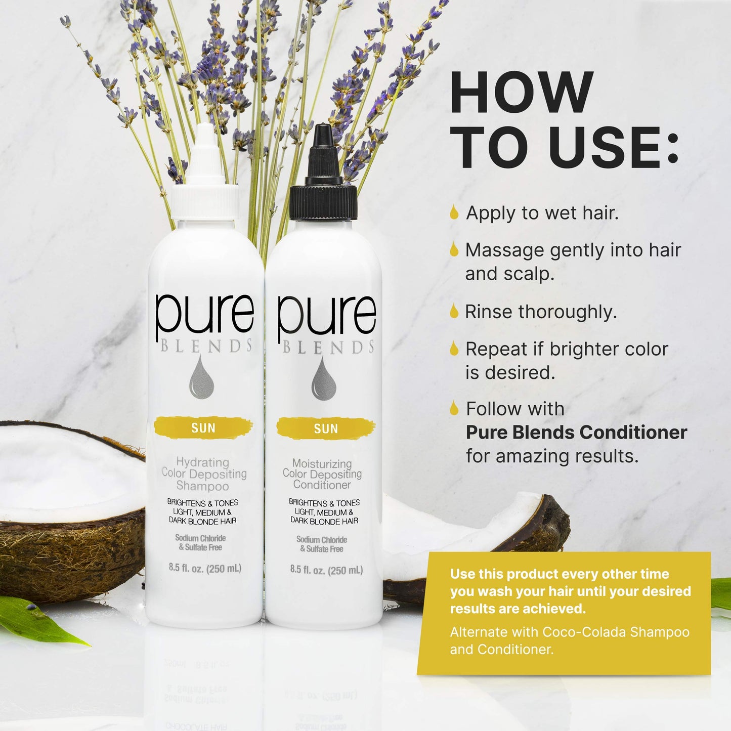 Pure Blends Sun Hydrating Color Depositing Shampoo - Brighten & Tone Faded Hair with Semi-Permanent Dye, Prevents Fade & Extends Color Service for Treated Hair 8.5 Oz.