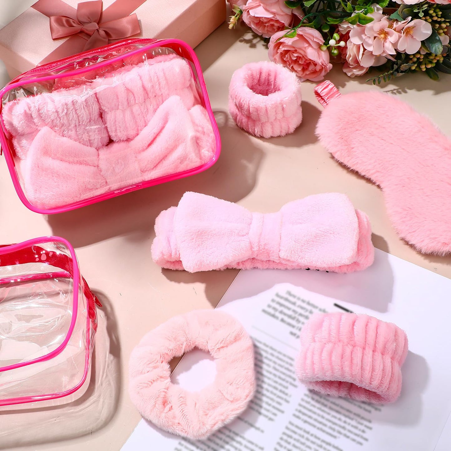Hoteam 30 Pcs Sleepover Party Supplies for Women Slumber Spa Party Supplies 6 Pink Spa Headband 6 Pink Plush Sleep Eye Mask 6 Velvet Scrunchies 6 Wristband 6 Clear Cosmetic Bags