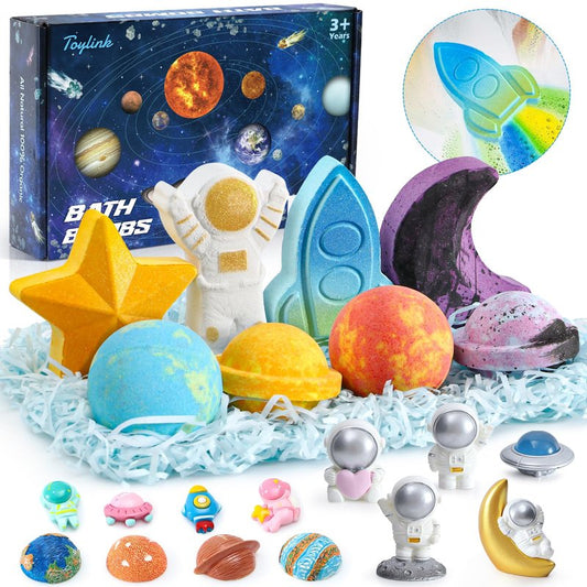 Toylink Space Bath Bombs for Kids with Surprise Inside, 8 Pack Kids Galaxy Bath Bombs with Space Toys for Toddler Boys Girls Handemade Rainbow Bubble Bath Fizzies Birthday Christmas Gift Set