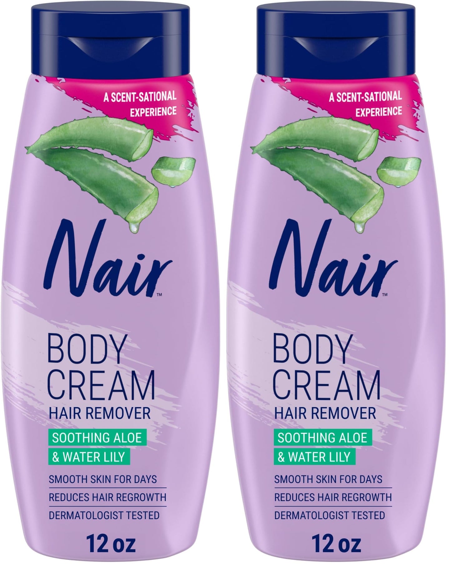 Nair Body Cream Hair Remover, Soothing Aloe and Water Lily, Dermatologist Tested Body Hair Removal Cream, with Evolved Ingredients, 12 Oz (Pack of 2)