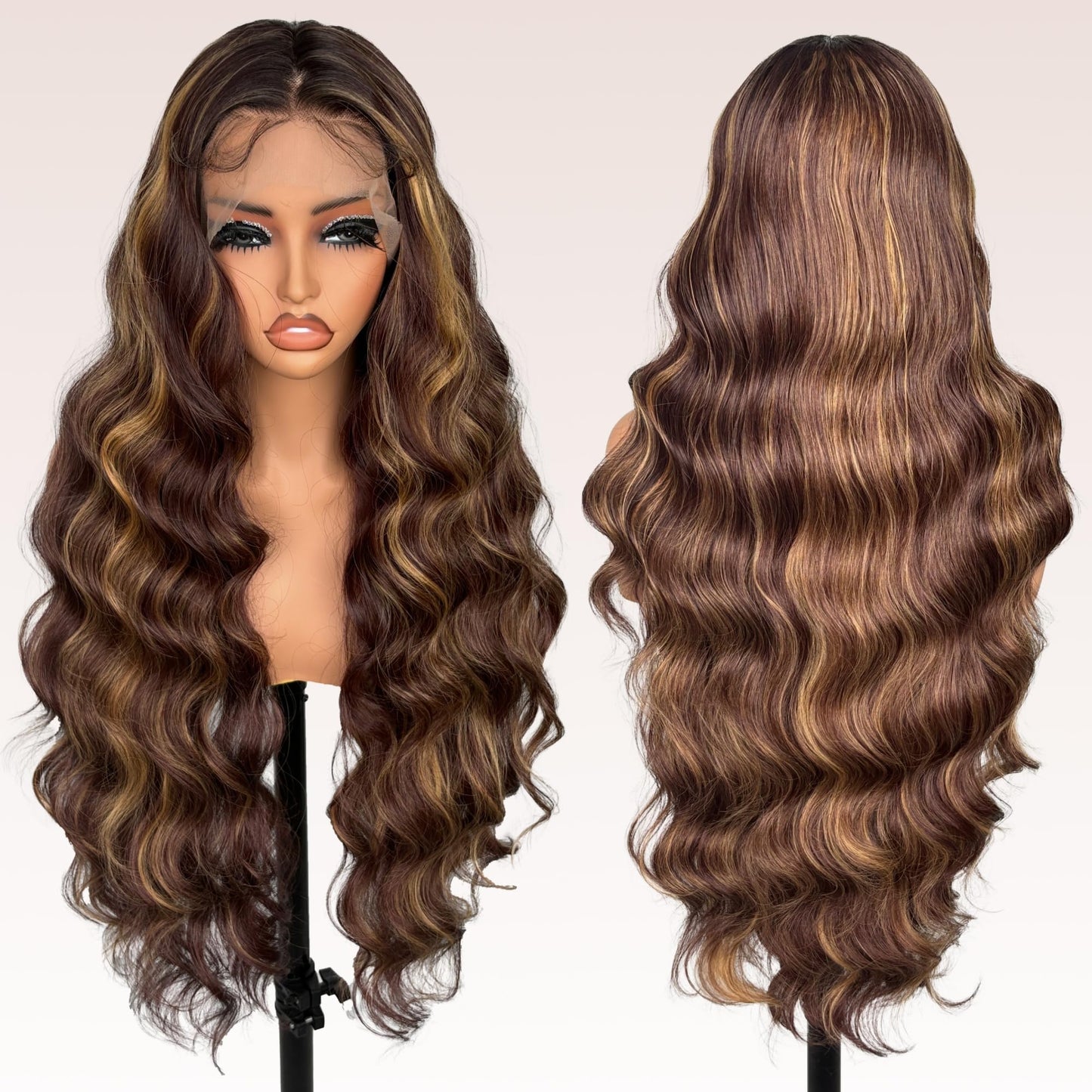 Honey Brown Lace Front Synthetic Wig For women 30 Inch Body Wave 13x4 Lace Front Ombre Brown Highlight wig Heat Resistant Transparent Pre Plucked Hairline with baby hair wig (1B/27/613)