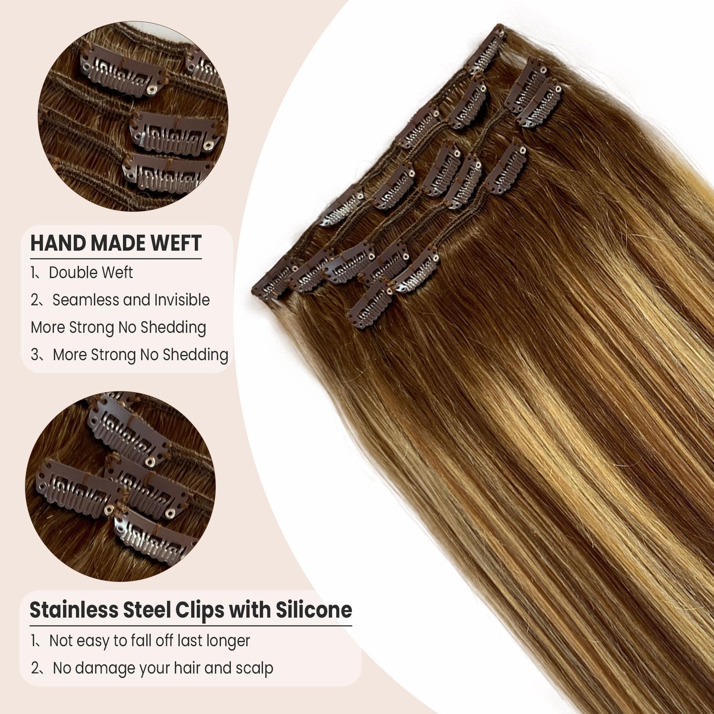 Clip in Hair Extensions, 18 inch Clip in Hair Extensions Real Human Hair, 7PCS Ombre Highlight Ash Blonde Clip in Hair Extensions, 70g Seamless Clip ins Human Hair