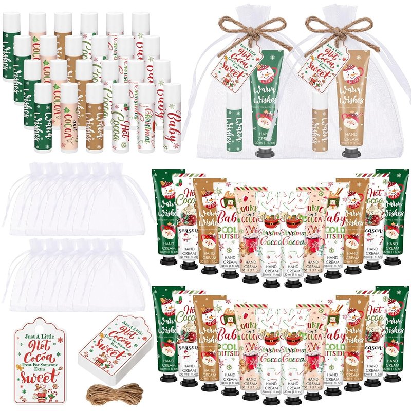 Christmas Hot Cocoa Party Favors - 36 Pcs Hand Cream & Lip Balm Gift Set | Red & Green Stocking Stuffers