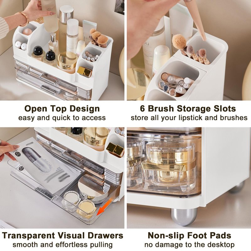 DASITON Large Capacity Makeup Organizer for Vanity with 2 Drawers, Skincare Organizers with Makeup Brush Holder, Cosmetic Display Case for Dresser Vanity Bathroom Countertop (White)
